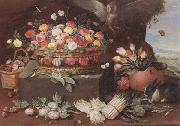 Still life of various flwers in a basket,tulips in a copper pot hortensias,asparagi and artichokes laid out on the ground,together with an owl,butterf, Jan Van Kessel